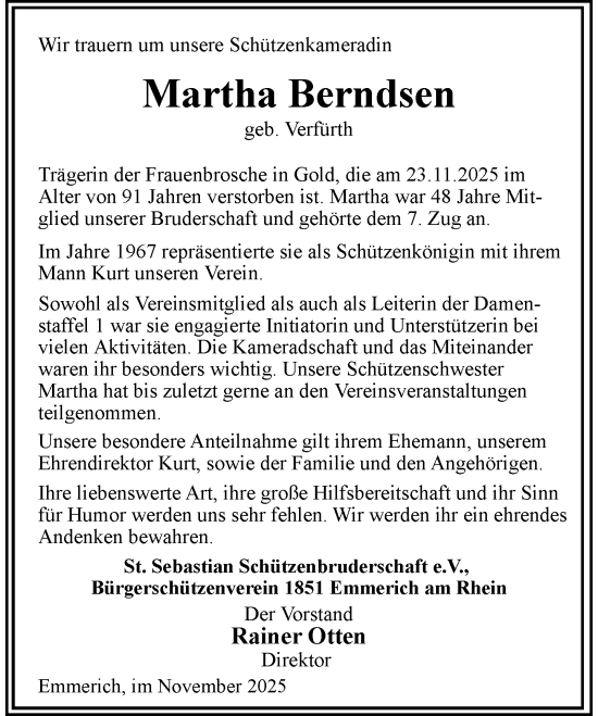 Traueranzeige von Martha Berndsen von Rheinische Post