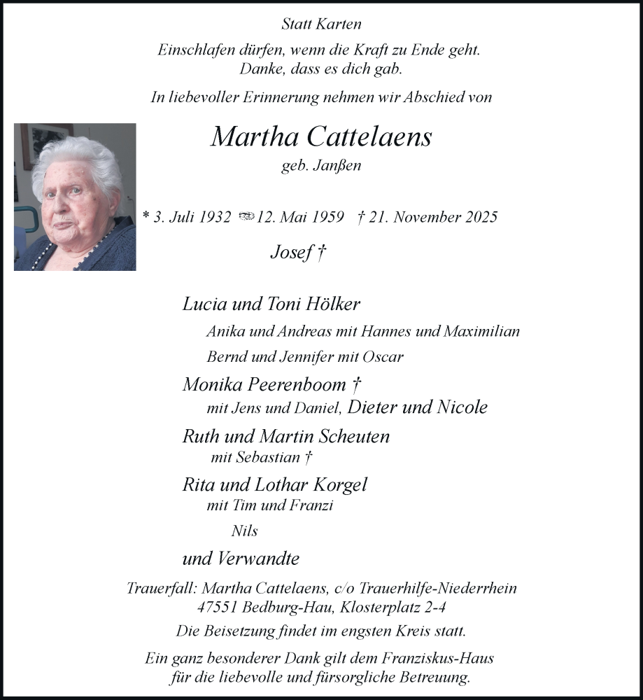  Traueranzeige für Martha Cattelaens vom 29.11.2025 aus Rheinische Post