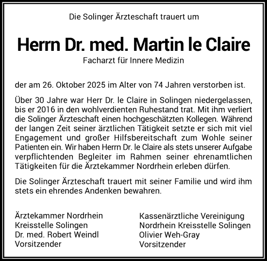 Traueranzeige von Martin le Claire von Rheinische Post