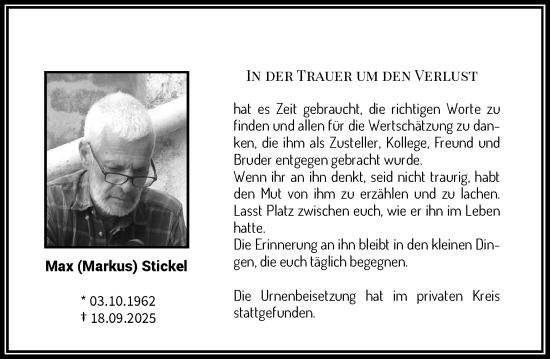 Traueranzeige von Max Stickel von Rheinische Post