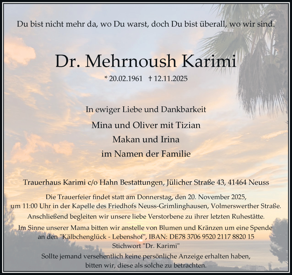 Traueranzeige für Mehrnoush Karimi vom 15.11.2025 aus Rheinische Post