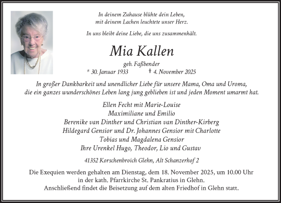 Traueranzeige von Mia Kallen von Rheinische Post