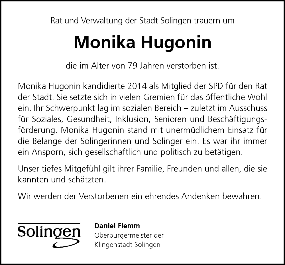  Traueranzeige für Monika Hugonin vom 29.11.2025 aus Rheinische Post