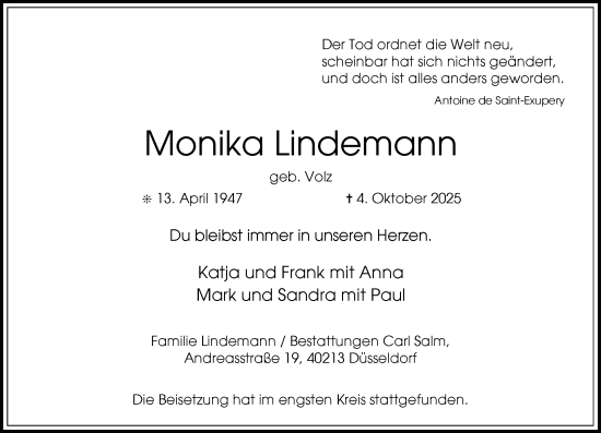 Traueranzeige von Monika Lindemann von Rheinische Post
