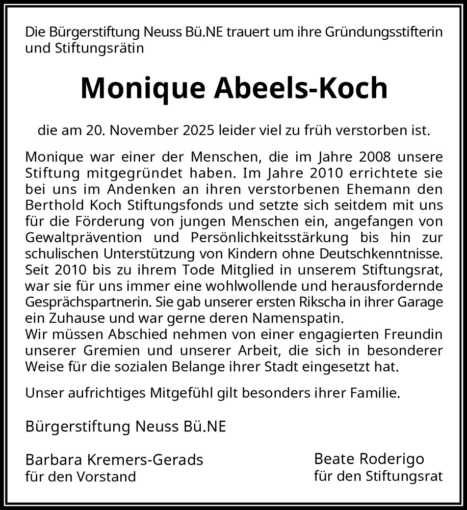  Traueranzeige für Monique Abeels-Koch vom 29.11.2025 aus Rheinische Post