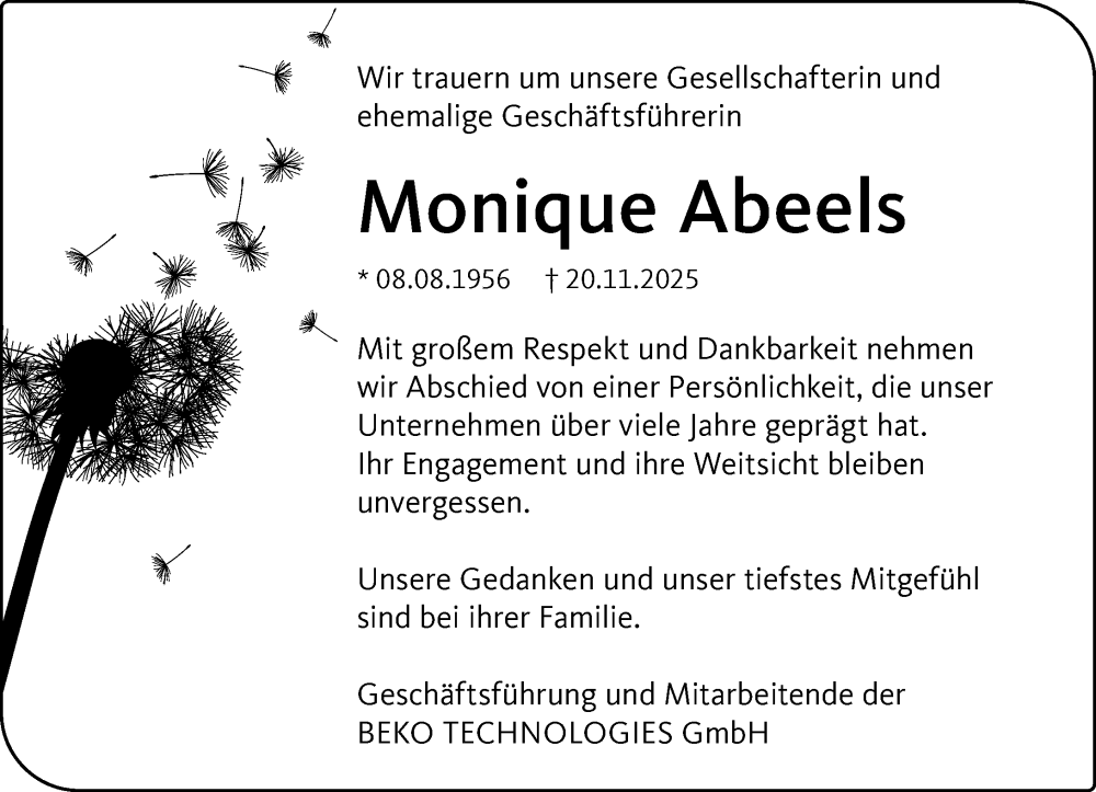  Traueranzeige für Monique Abeels vom 27.11.2025 aus Rheinische Post
