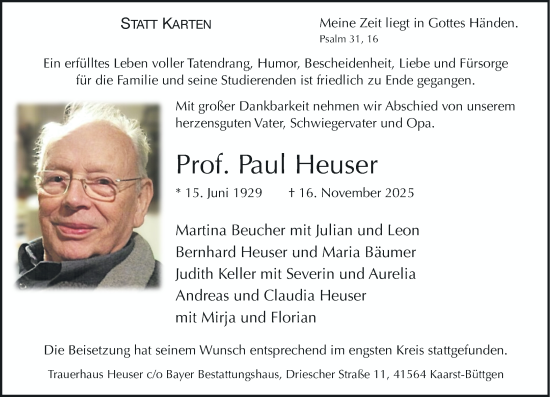 Traueranzeige von Paul Heuser von Rheinische Post