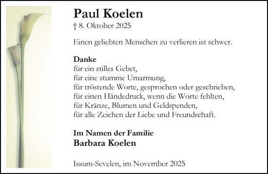 Traueranzeige von Paul Koelen von Rheinische Post