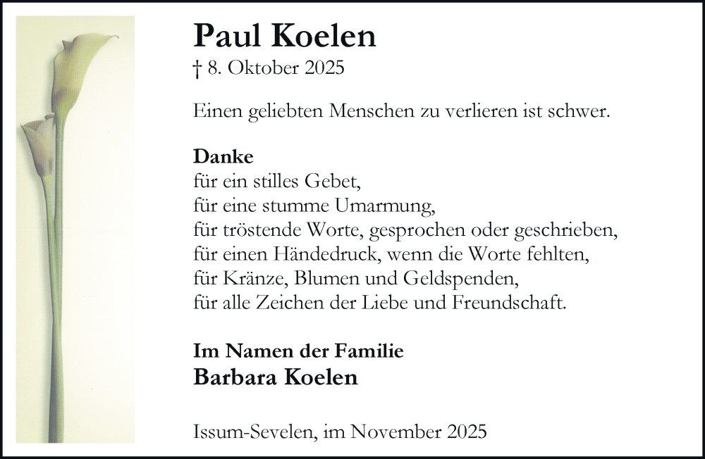  Traueranzeige für Paul Koelen vom 08.11.2025 aus Rheinische Post