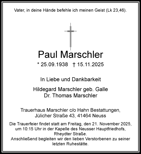 Traueranzeige von Paul Marschler von Rheinische Post
