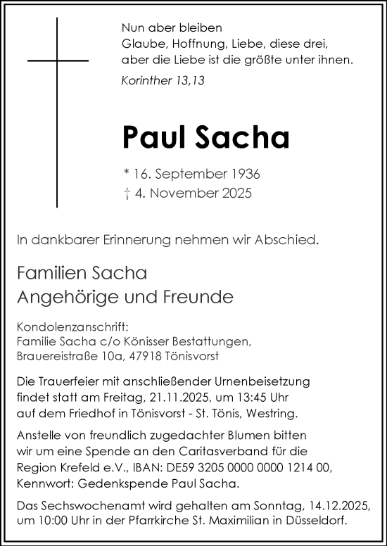 Traueranzeige von Paul Sacha von Rheinische Post