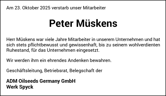 Traueranzeige von Peter Müskens von Rheinische Post