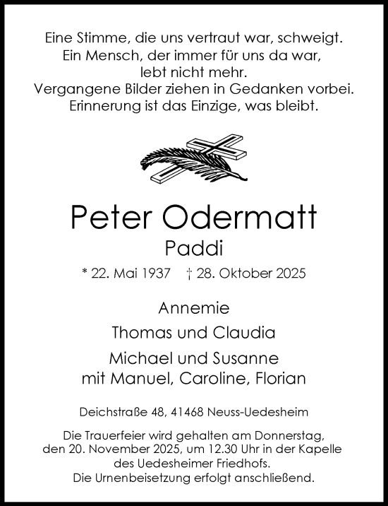 Traueranzeige von Peter Odermatt von Rheinische Post