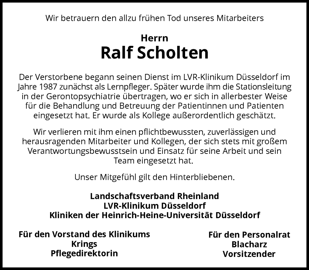  Traueranzeige für Ralf Scholten vom 18.11.2025 aus Rheinische Post