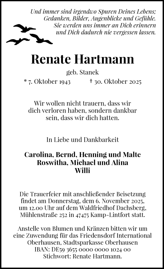 Traueranzeige von Renate Hartmann von Rheinische Post