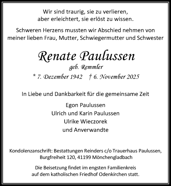Traueranzeige von Renate Paulussen von Rheinische Post