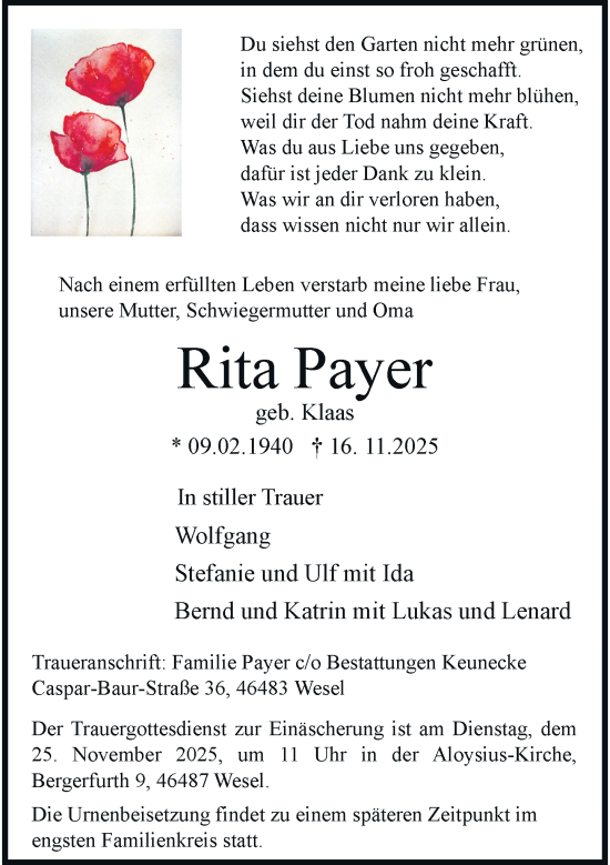 Traueranzeige von Rita Payer von Rheinische Post