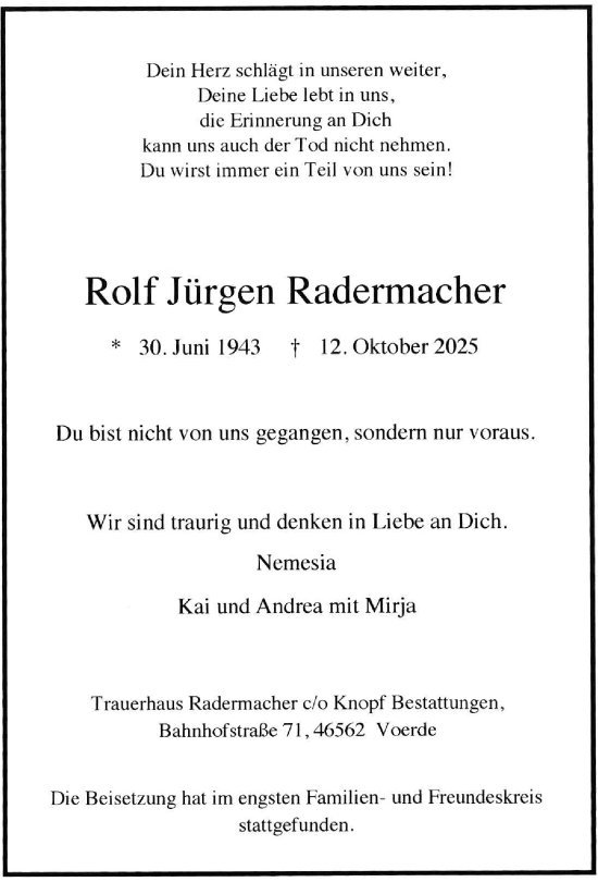 Traueranzeige von Rolf Jürgen Radermacher von Rheinische Post