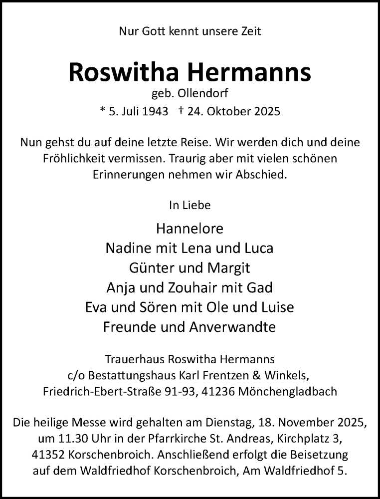  Traueranzeige für Roswitha Hermanns vom 08.11.2025 aus Rheinische Post