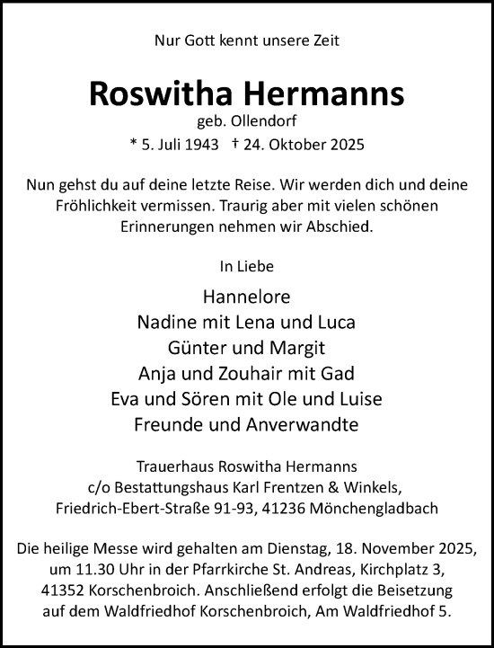 Traueranzeige von Roswitha Hermanns von Rheinische Post