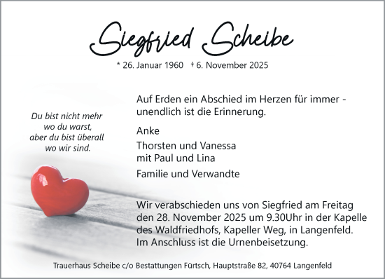 Traueranzeige von Siegfried Scheibe von Rheinische Post