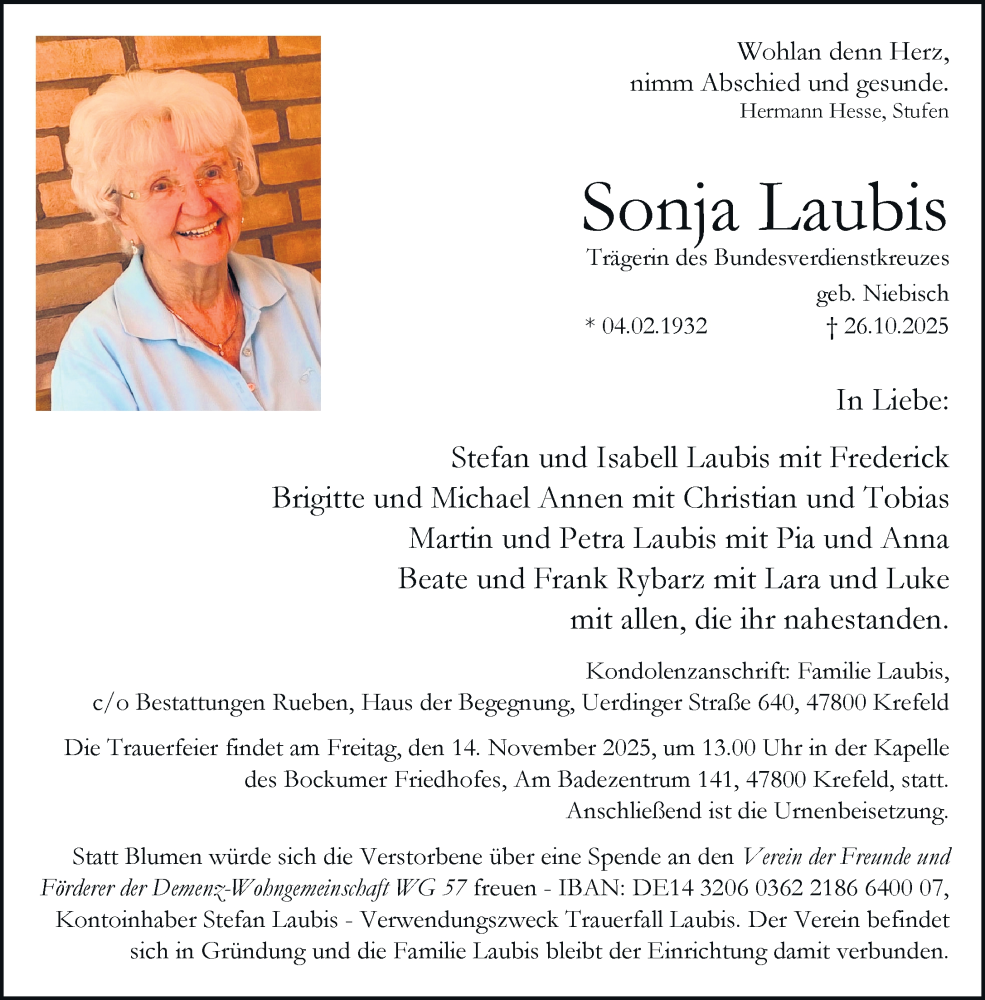  Traueranzeige für Sonja Laubis vom 08.11.2025 aus Rheinische Post