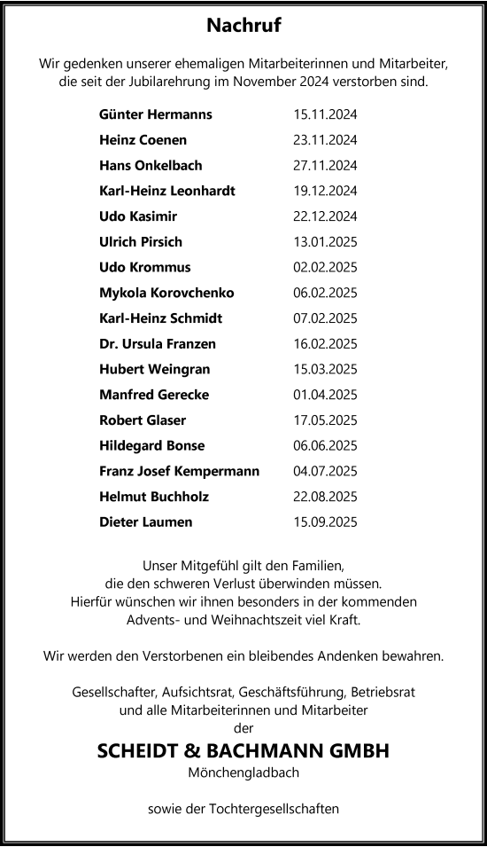 Traueranzeige von Sterbetafel vom 08.11.2025 von Rheinische Post