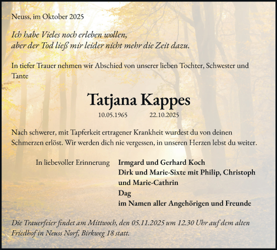 Traueranzeige von Tatjana Kappes von Rheinische Post