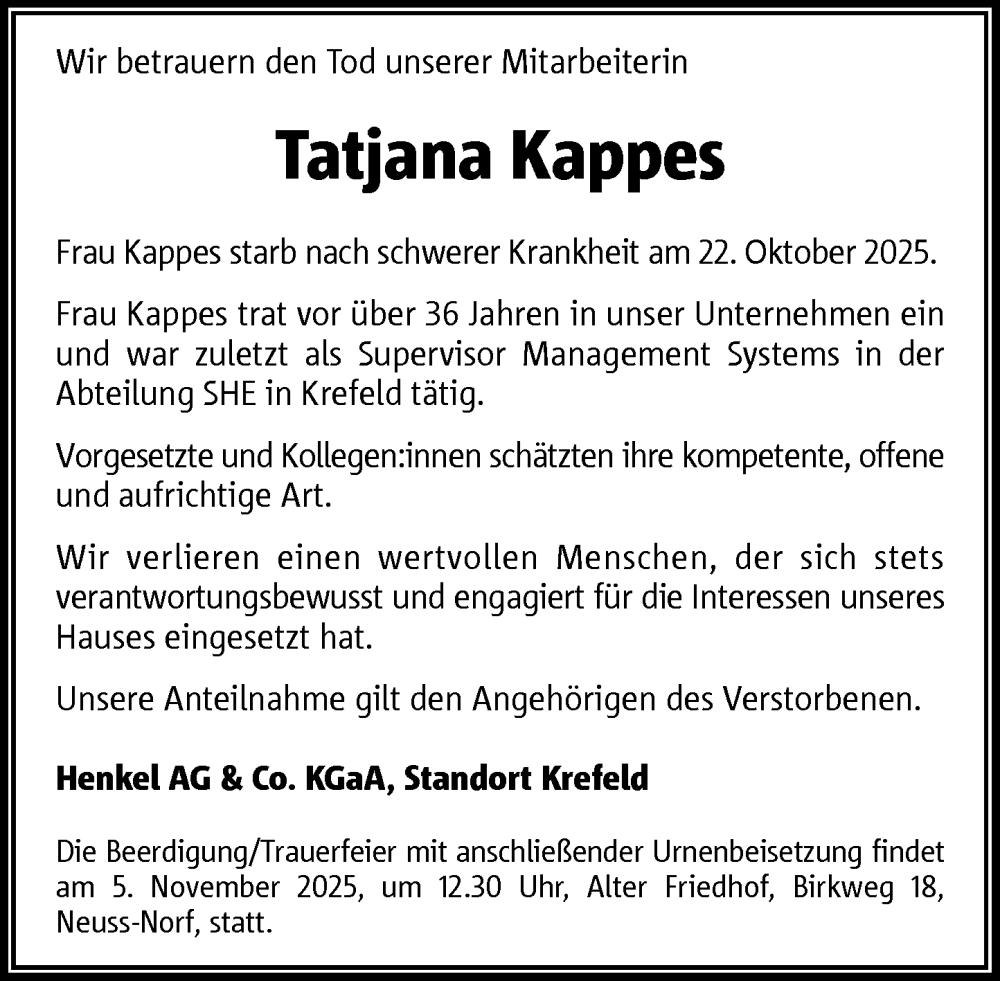  Traueranzeige für Tatjana Kappes vom 01.11.2025 aus Rheinische Post