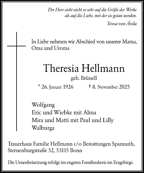 Traueranzeige von Theresia Hellmann von Rheinische Post