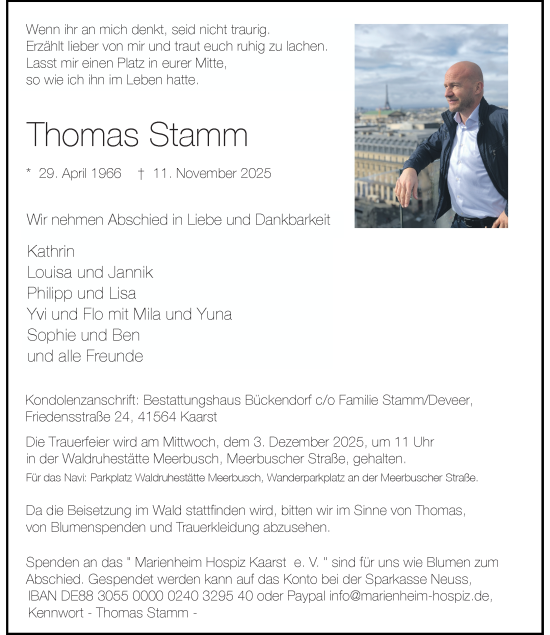 Traueranzeige von Thomas Stamm von Rheinische Post
