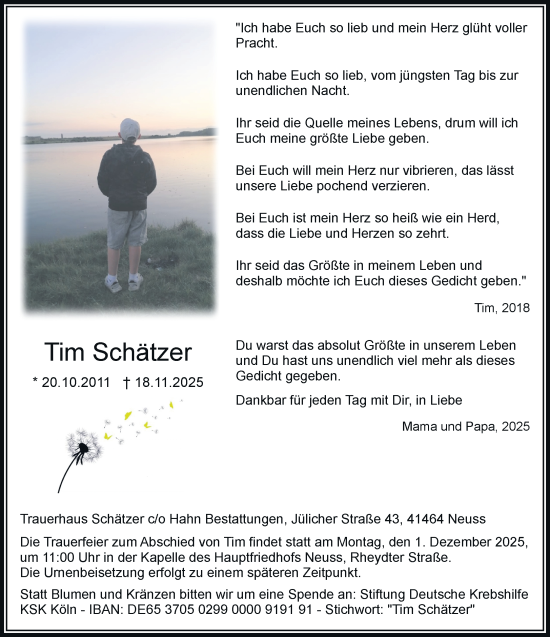 Traueranzeige von Tim Schätzer von Rheinische Post