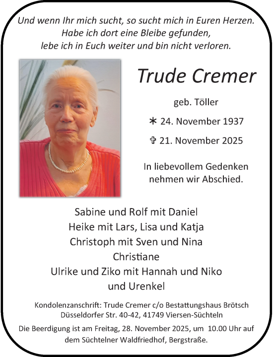 Traueranzeige von Trude Cremer von Rheinische Post