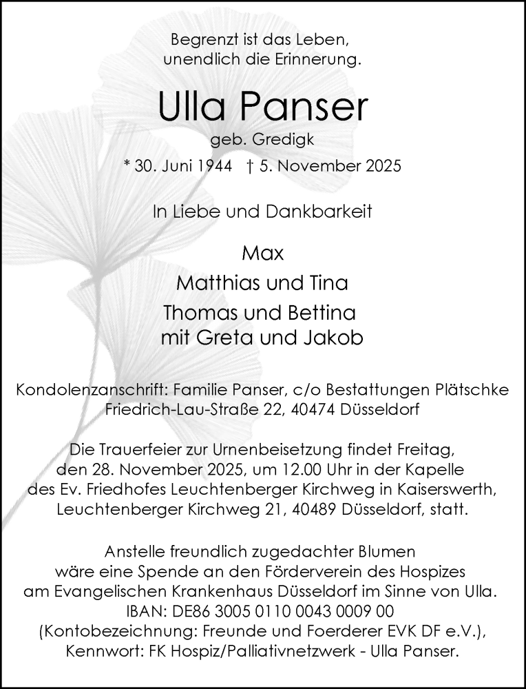  Traueranzeige für Ulla Panser vom 15.11.2025 aus Rheinische Post