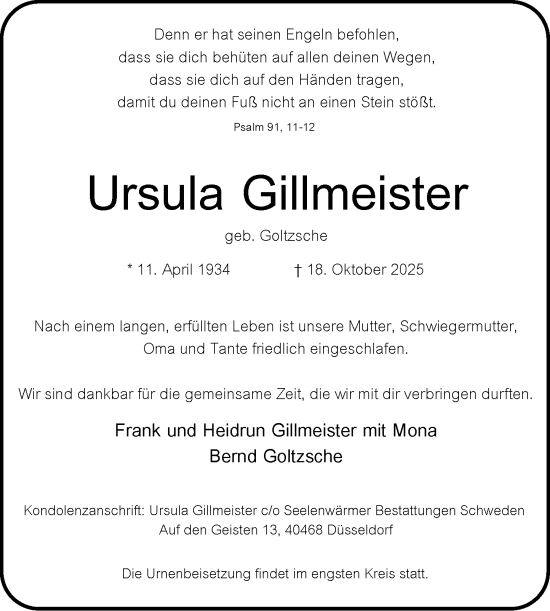 Traueranzeige von Ursula Gillmeister von Rheinische Post