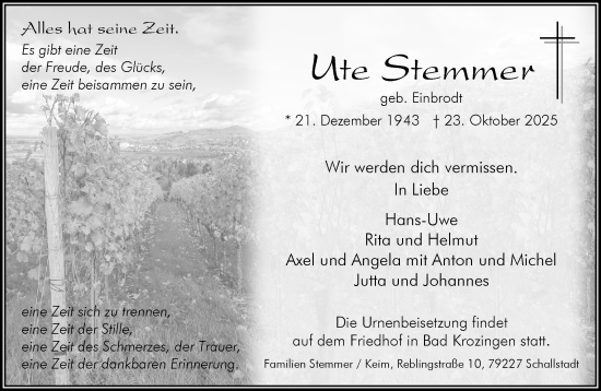 Traueranzeige von Ute Stemmer von Rheinische Post