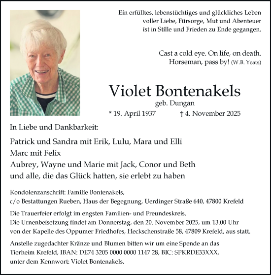 Traueranzeige von Violet Bontenakels von Rheinische Post