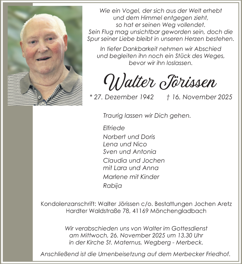  Traueranzeige für Walter Jörissen vom 22.11.2025 aus Rheinische Post