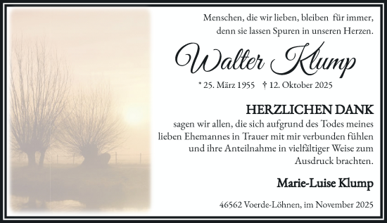 Traueranzeige von Walter Klump von Rheinische Post