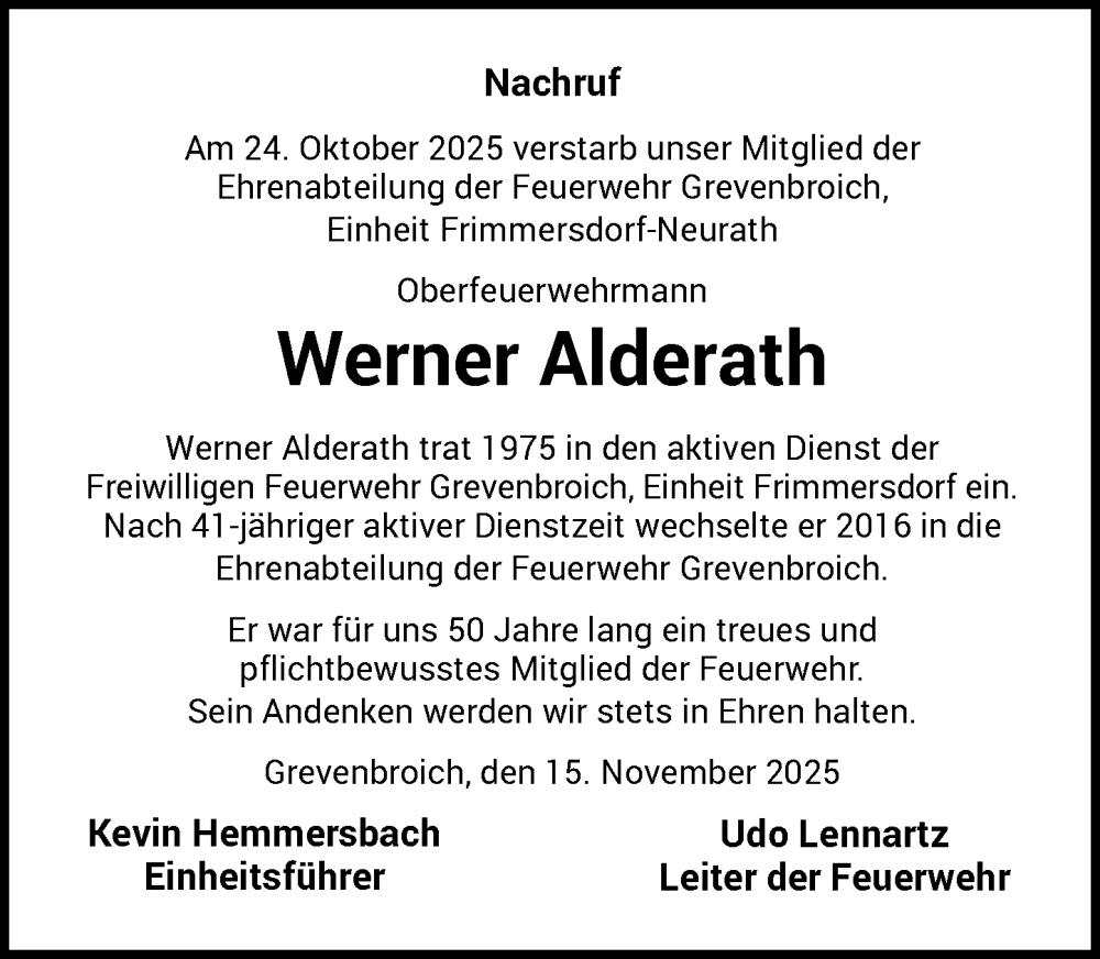  Traueranzeige für Werner Alderath vom 15.11.2025 aus Rheinische Post