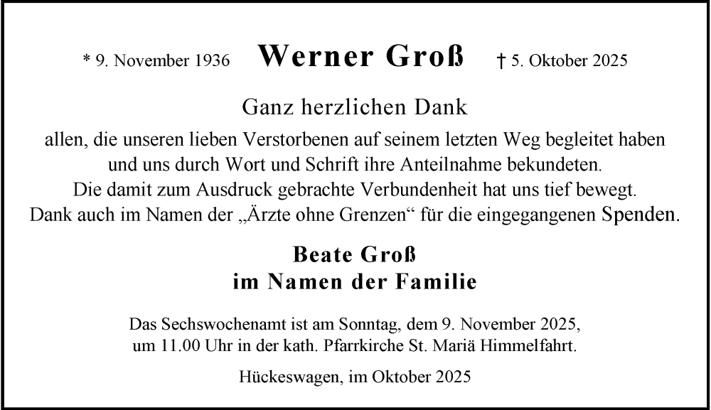  Traueranzeige für Werner Groß vom 31.10.2025 aus Rheinische Post