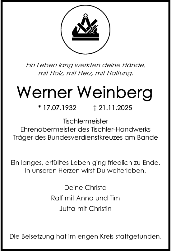 Traueranzeige von Werner Weinberg von Rheinische Post