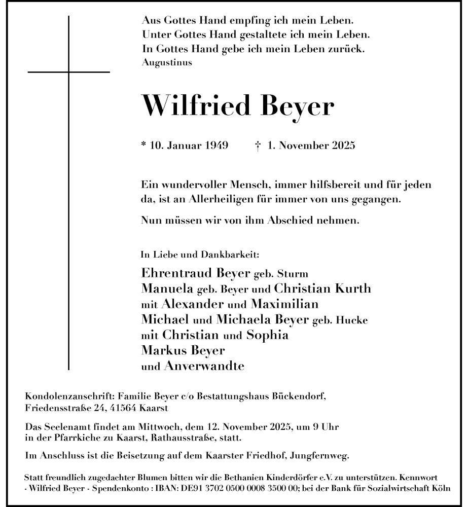  Traueranzeige für Wilfried Beyer vom 07.11.2025 aus Rheinische Post