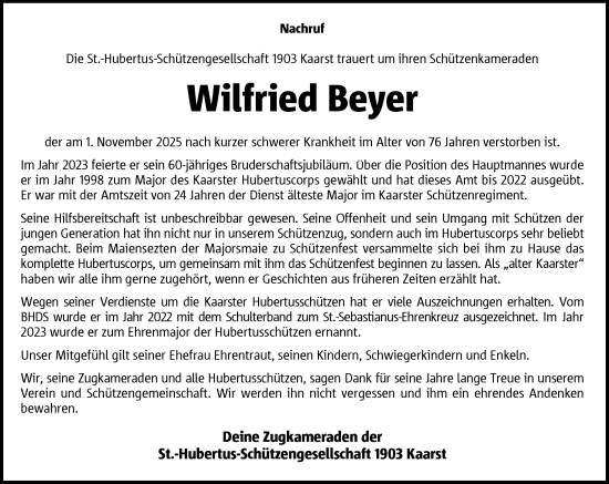 Traueranzeige von Wilfried Beyer von Rheinische Post