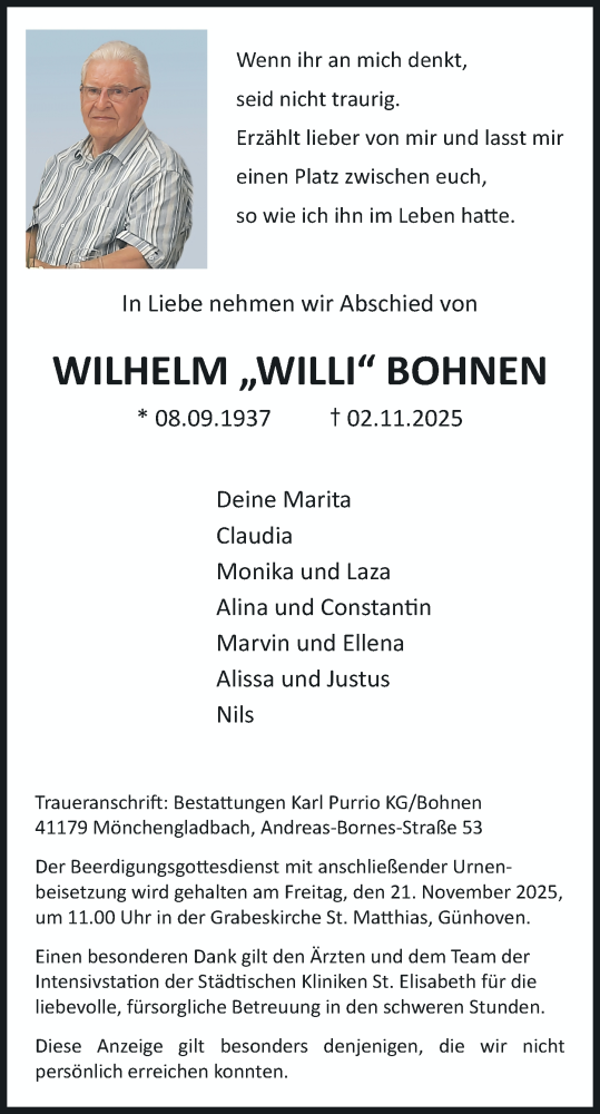  Traueranzeige für Wilhelm Bohnen vom 15.11.2025 aus Rheinische Post