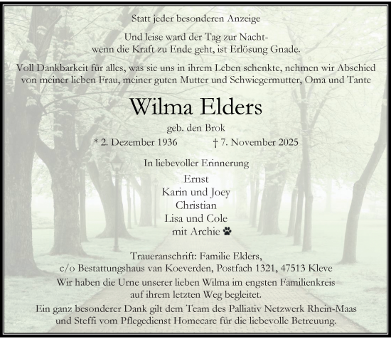 Traueranzeige von Wilma Elders von Rheinische Post