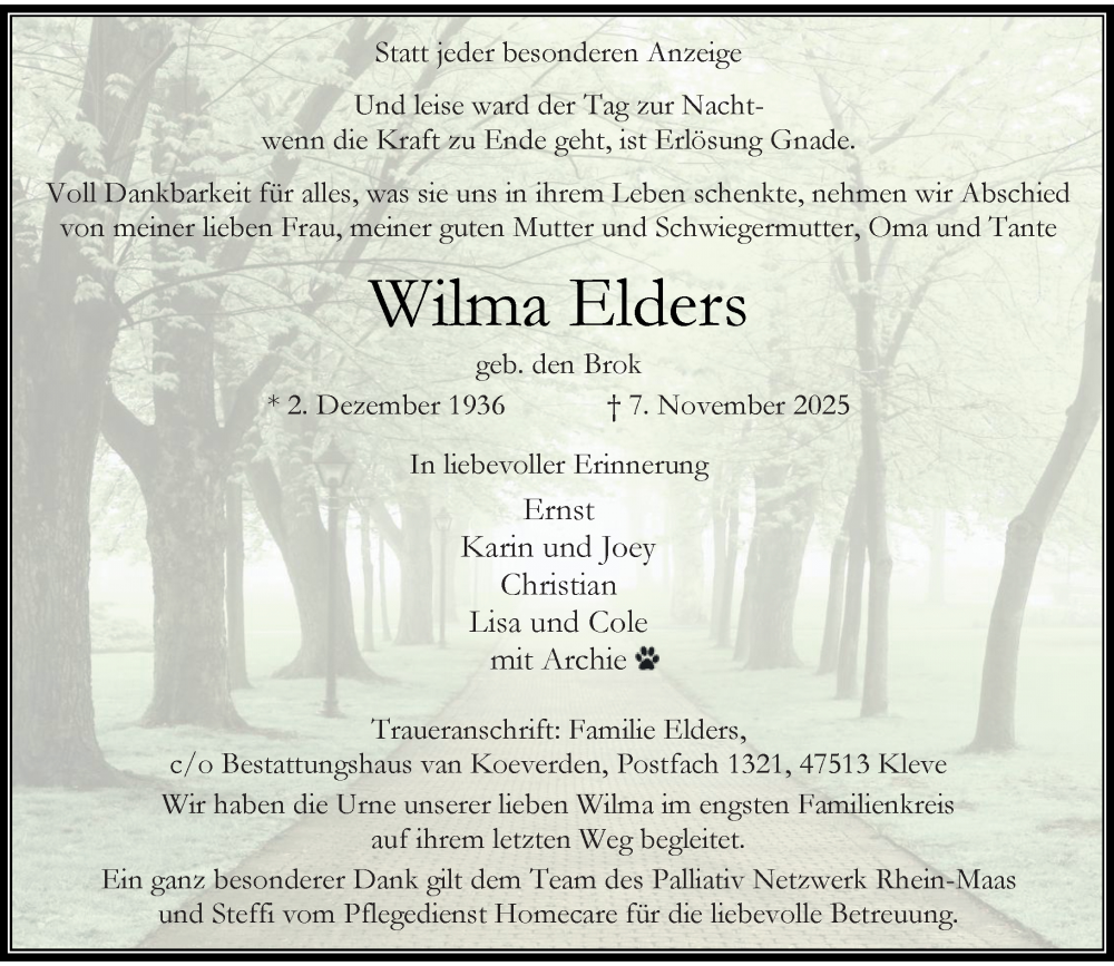  Traueranzeige für Wilma Elders vom 15.11.2025 aus Rheinische Post