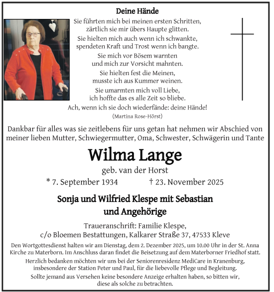 Traueranzeige von Wilma Lange von Rheinische Post