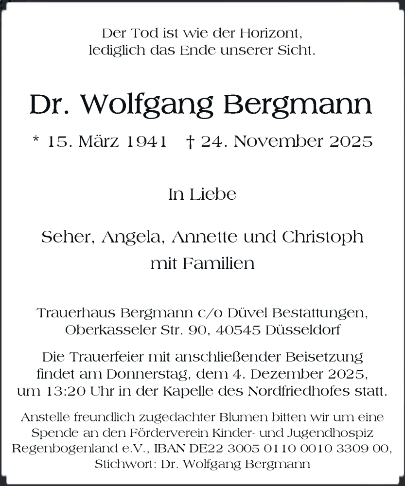  Traueranzeige für Wolfgang Bergmann vom 29.11.2025 aus Rheinische Post