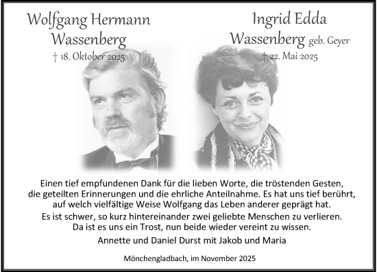 Traueranzeige von Wolfgang und Ingrid Wassenberg von Rheinische Post